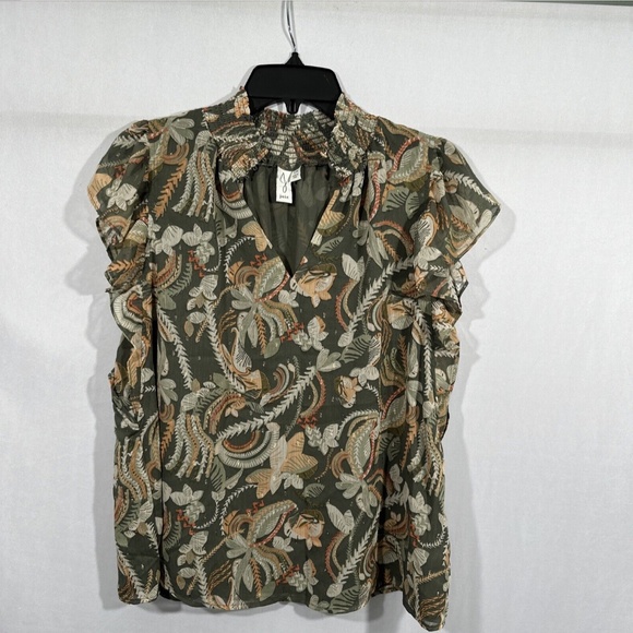 JOIE [ Large ]‎ Flutter Sleeve Floral Mock Neck Smocked Blouse Top Green - Picture 1 of 14
